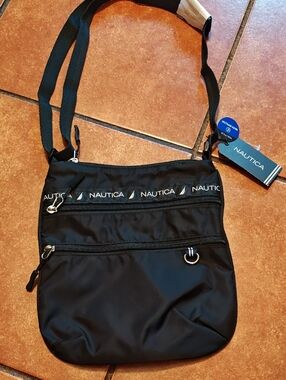 Nautica Black Nylon Messenger Crossbody with Logo Trim